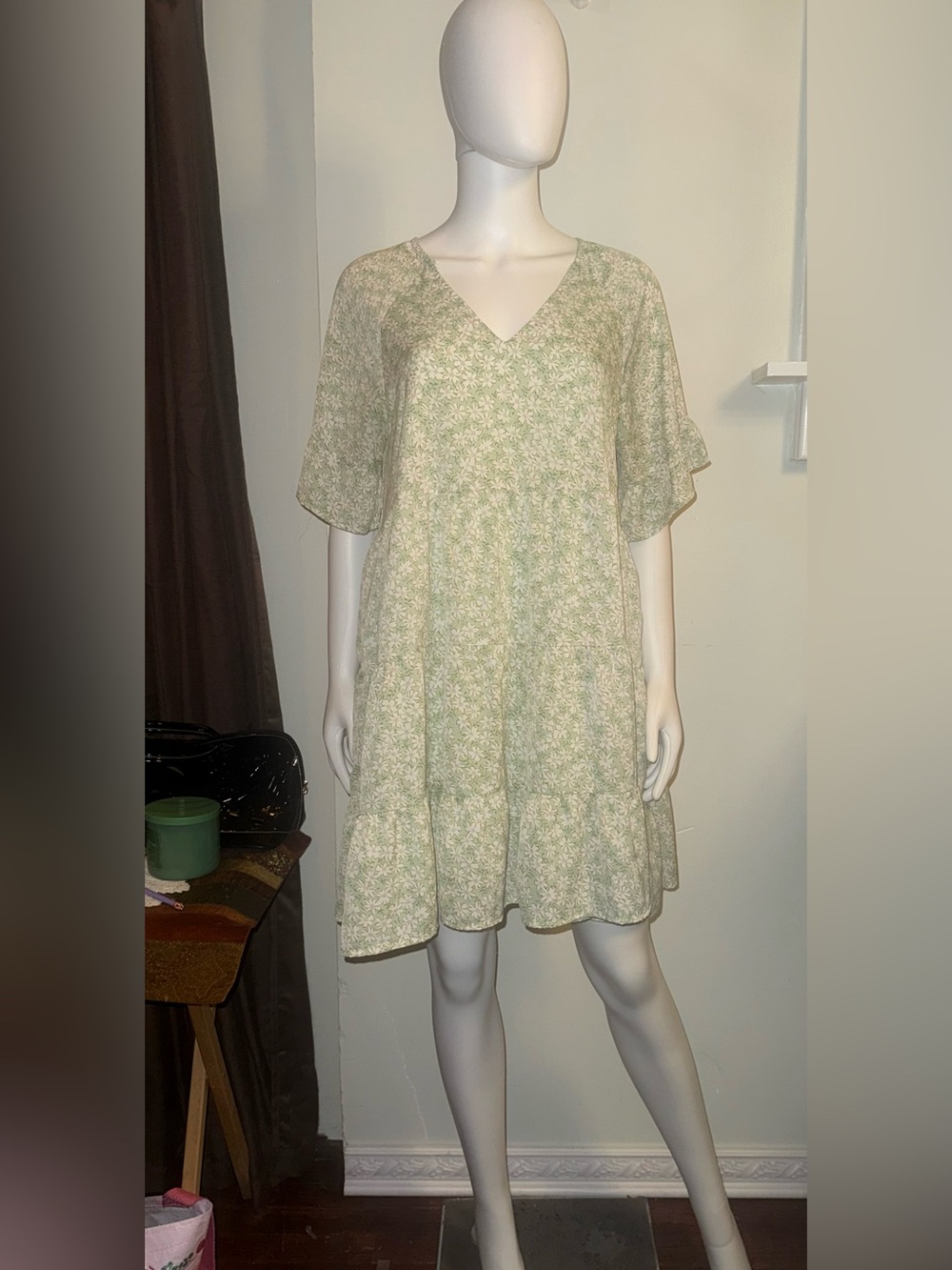 V-Neck Floral Midi Dress in Light Sage
